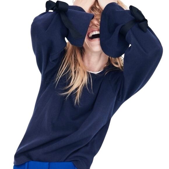 J.Crew size M Ribbon Tie Bell Sleeve Crewneck Sweatshirt - Navy - Picture 1 of 12